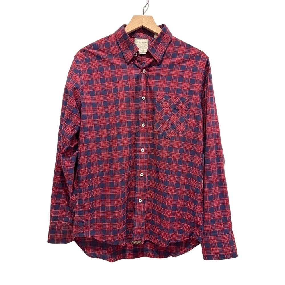 Billy Reid Mens Size M Red Navy Plaid Long Sleeve Button Up Shirt